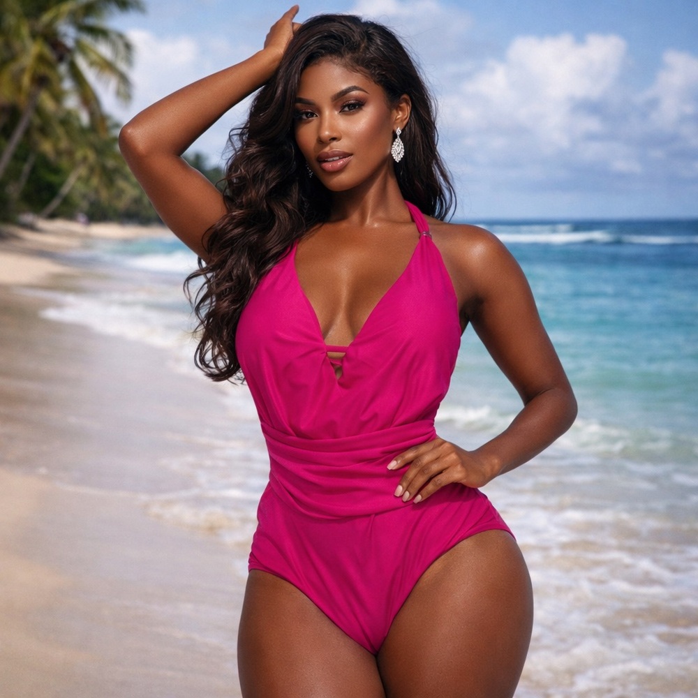Bar III One Piece Pink Halter Swimsuit Draped Front Low Cut Back NWT Size XS